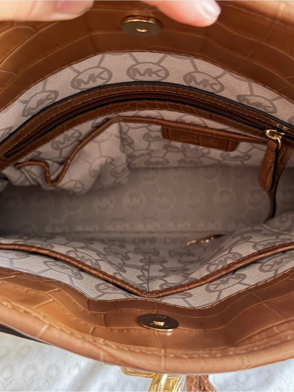 Michael Kors Hamilton Large Tote Bag Brown Croc Embossed Beige Canvas Gold MK